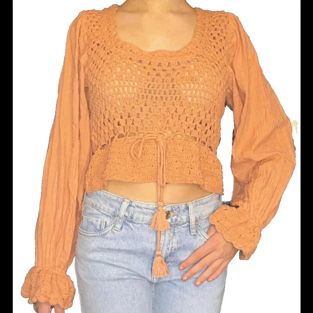 Free People Mini Crop Babydoll Peasant Boho Long Sleeve Crochet Burnt Orange Top